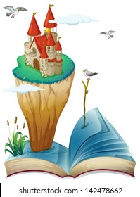 Illustration of a book with an island with a castle on a white background