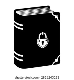Illustration of a book with a lock symbol on the cover representing security and privacy in information storage.