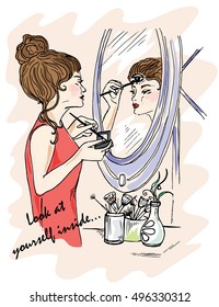 Illustration for the book. Look at yourself inside. The girl does makeup. Displays in the mirror. Mystery around us. Third Eye.