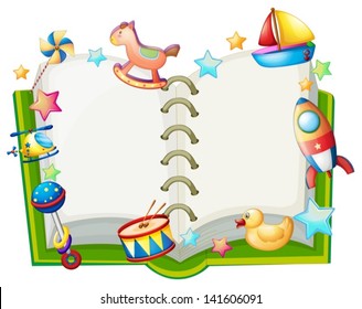 Illustration of a book with many toys on a white backround