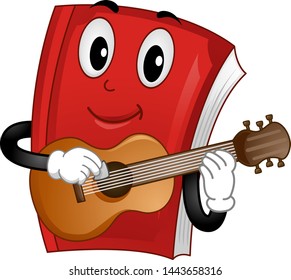 Illustration of a Book Mascot Holding a Pick and Playing the Guitar. Song Book or Guitar Lesson Book