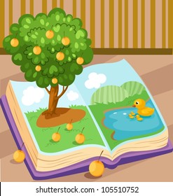illustration of book with orange tree on white