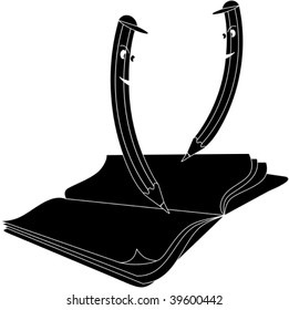 Illustration of book and pencil with cartoon	