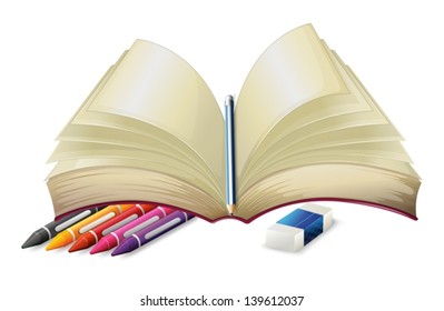 Illustration of a book with a pencil, an eraser and crayons on a white background