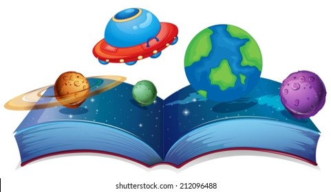 Illustration of a book with planets and UFO on a white background