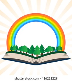 Illustration of a book with a rainbow at the forest on a white background