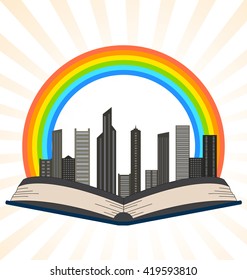 Illustration of a book with a rainbow over city on a white background