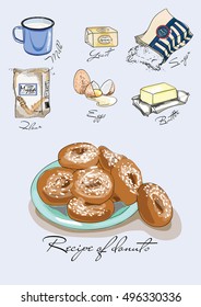 Illustration for the book. Recipe of donuts. Ingredients for donuts. Painted recipe.