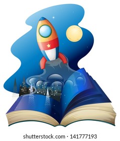 Illustration of a book with a rocket on a white background