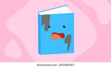 Illustration of a book with a sad face on a pink background