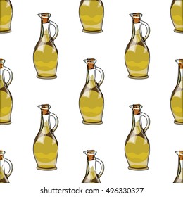 Illustration for the book. Seamless pattern. Jars with olive oil. Postcard with food. Gastro postcard.