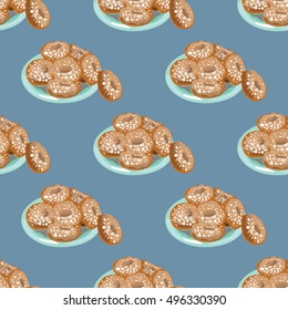 Illustration for the book. Seamless pattern. A plate of donuts. Donuts in powdered sugar.