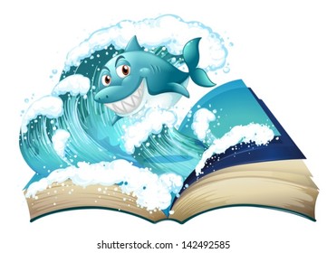 Illustration of a book with a smiling shark on a white background