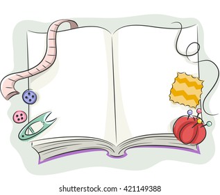 Illustration of a Book Surrounded by Sewing Materials
