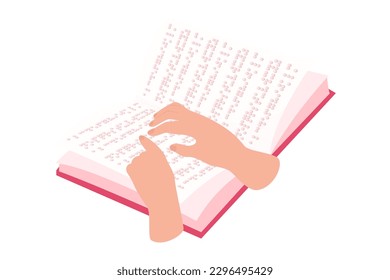 Illustration of a book written in braille, hands read text in an unfolded book