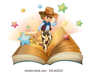 Illustration of a book with a young cowboy in front of a saloon bar on a white background,
