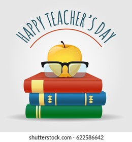 Illustration with books. apple and glasses. Happy Teacher's Day Poster. Vector illustration