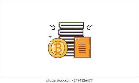 Illustration of books with a bitcoin on top. Ideal for cryptocurrency blogs, finance articles, and blockchain technology websites.