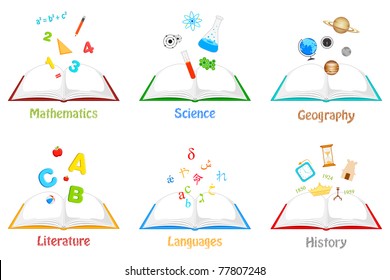 illustration of books for different subject with related elements