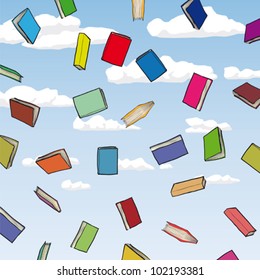Illustration of books flying in the air, vector illustration.