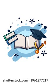 Illustration of books, graduation caps and medals