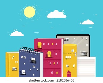 Illustration of Books, Notes, Tablet, and Pencil Case Buildings