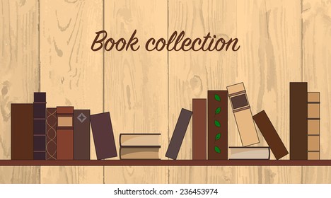 Illustration of books on bookshelf with text "book collection" on wood background
