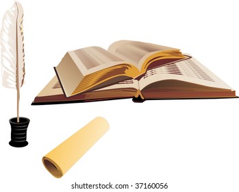 illustration with books, scroll and feather isolated on white background