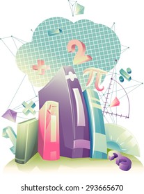 Illustration of Books Surrounded by Mathematical Symbols