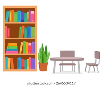 Illustration of a bookshelf with books, a table, chair and plant on white background.