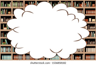 illustration of bookshelf and comic speech bubble