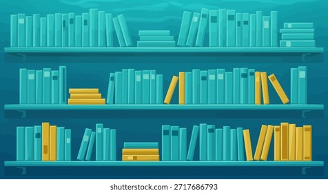 Ilustração de uma estante cheia de fileiras de livros azuis e amarelos. Os livros estão ordenados nas prateleiras, criando um senso de organização e conhecimento. O esquema de cores azul e amarelo