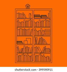 Illustration of bookshelf outline with books in vector, flat style.