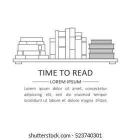 Illustration with bookshelf and text, hand drawn backdrop vector. Collection of books, black and white background design. Stack of books on shelf. Time to read, poster design