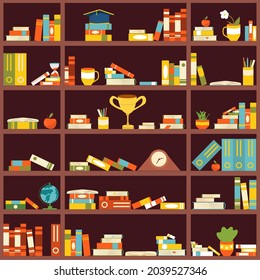 Illustration of a bookshelf that is full of books and decorated with cups, apples and flowers can be used as a colorful background.