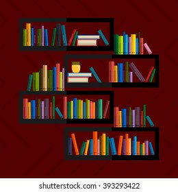 Illustration of bookshelfon wall with books in vector, flat style.
