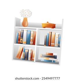 Illustration of bookshelves with books and a vase of flowers, realistic in 3D style.