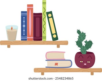 Ilustración con estanterías con diferentes libros, planta y vela. Concepto dibujado a mano de la literatura 