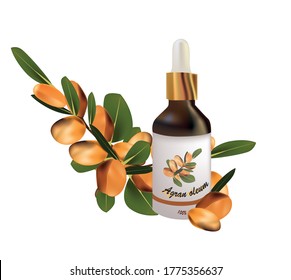 
illustration of a bootle of agran oil near a branch of an agran tree with leaves and fruits, on a white background