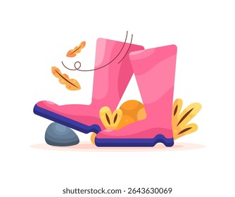 illustration of boots stepping on a rock and grass. safety shoes. autumn shoes. fallen leaves blowing in the wind. flat style design. asset elements