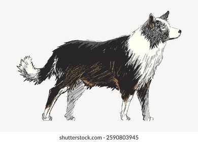 Illustration of a Border Collie dog. The dog stands with a fluffy tail, showcasing its black and white fur. Border Collie, dog, fur, and tail are highlighted. Vintage animal illustration vector.