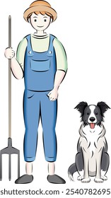 Ilustración de un perro pastor Border Collie que conduce una manada de vacas, ovejas y caballos en una granja