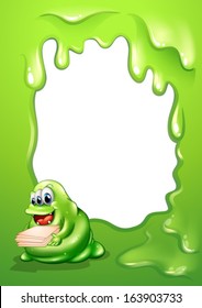 Illustration of a border design with a busy monster carrying a pile of papers