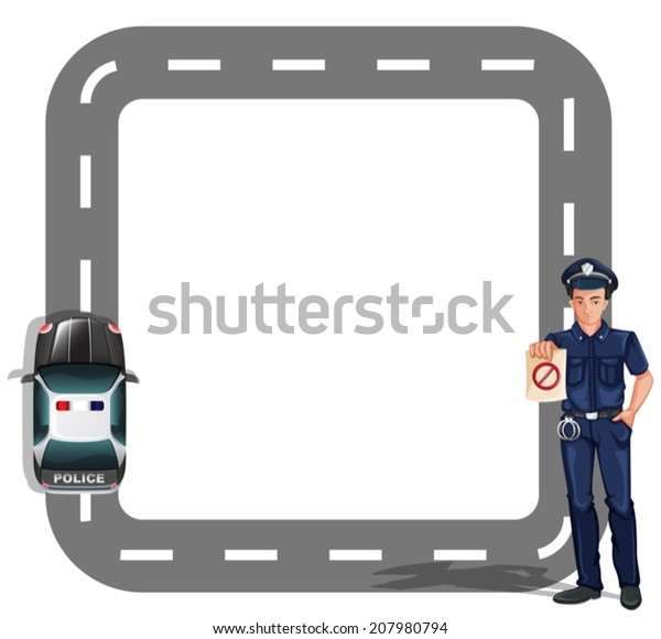 Illustration of a border design with a\
policeman and a patrol car on a white\
background
