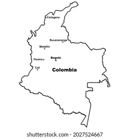 Illustration of the border of the South American country Colombia including the location of its biggest cities.
