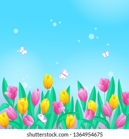 Illustration with a border of tulips, sky and butterflies.