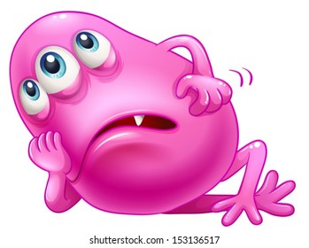 Illustration of a bored three-eyed pink monster on a white background