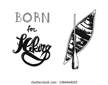 illustration with Born for Hiking sign and sketchy canoe beside it.