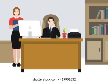 An illustration of a boss answer the phone and a secretary stands beside him.