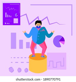 Illustration of boss doing presentation with wide screen in podium. UI elements, apps icon, website uses. 